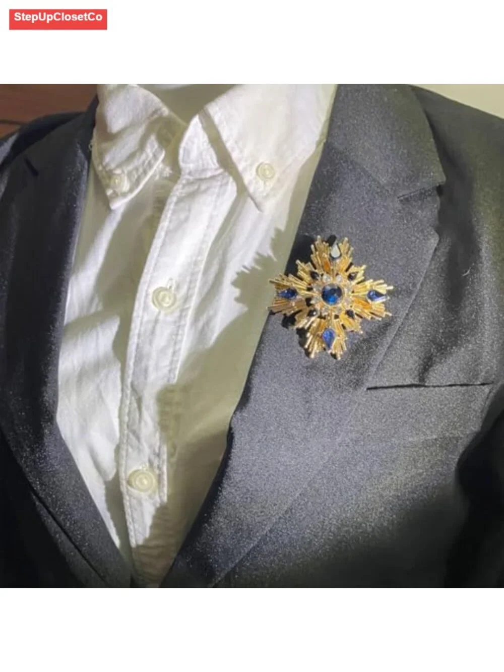 Gold Tone Starburst Statement Brooch with Yellow Center Stone and Crystals for